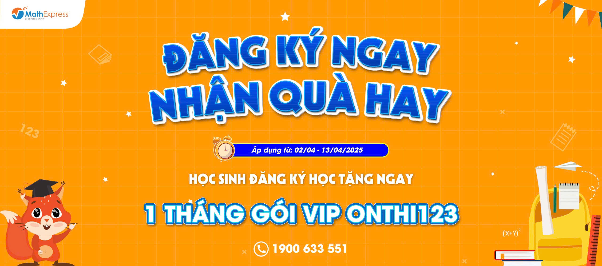 MATHEXPRESS TẶNG GÓI VIP ONTHI123 CHO HỌC SINH ĐĂNG KÝ HỌC TRONG THÁNG 4 NÀY