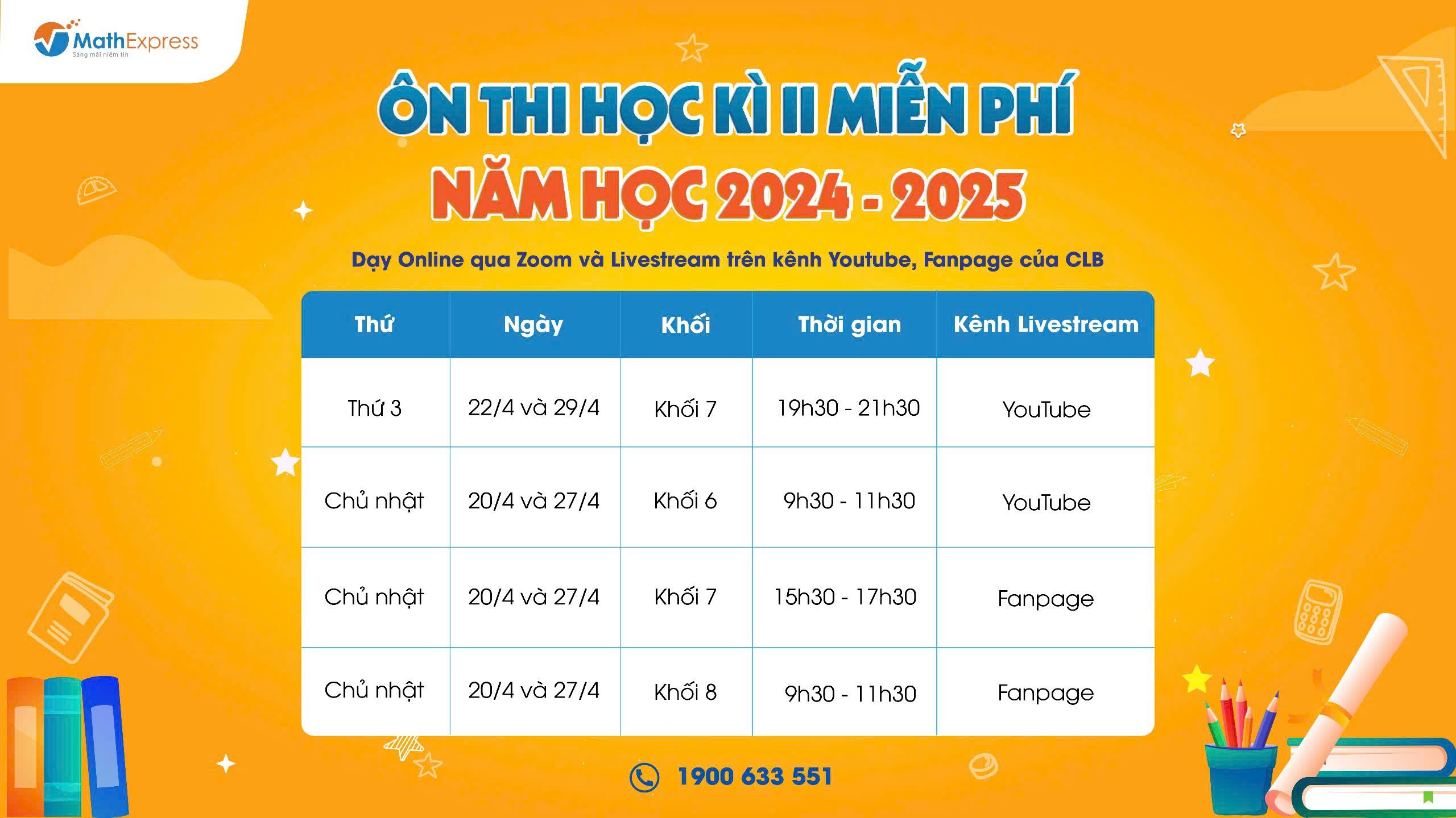 MathExpress tổ chức ôn thi học kỳ II online miễn phí năm học 2024 - 2025.
