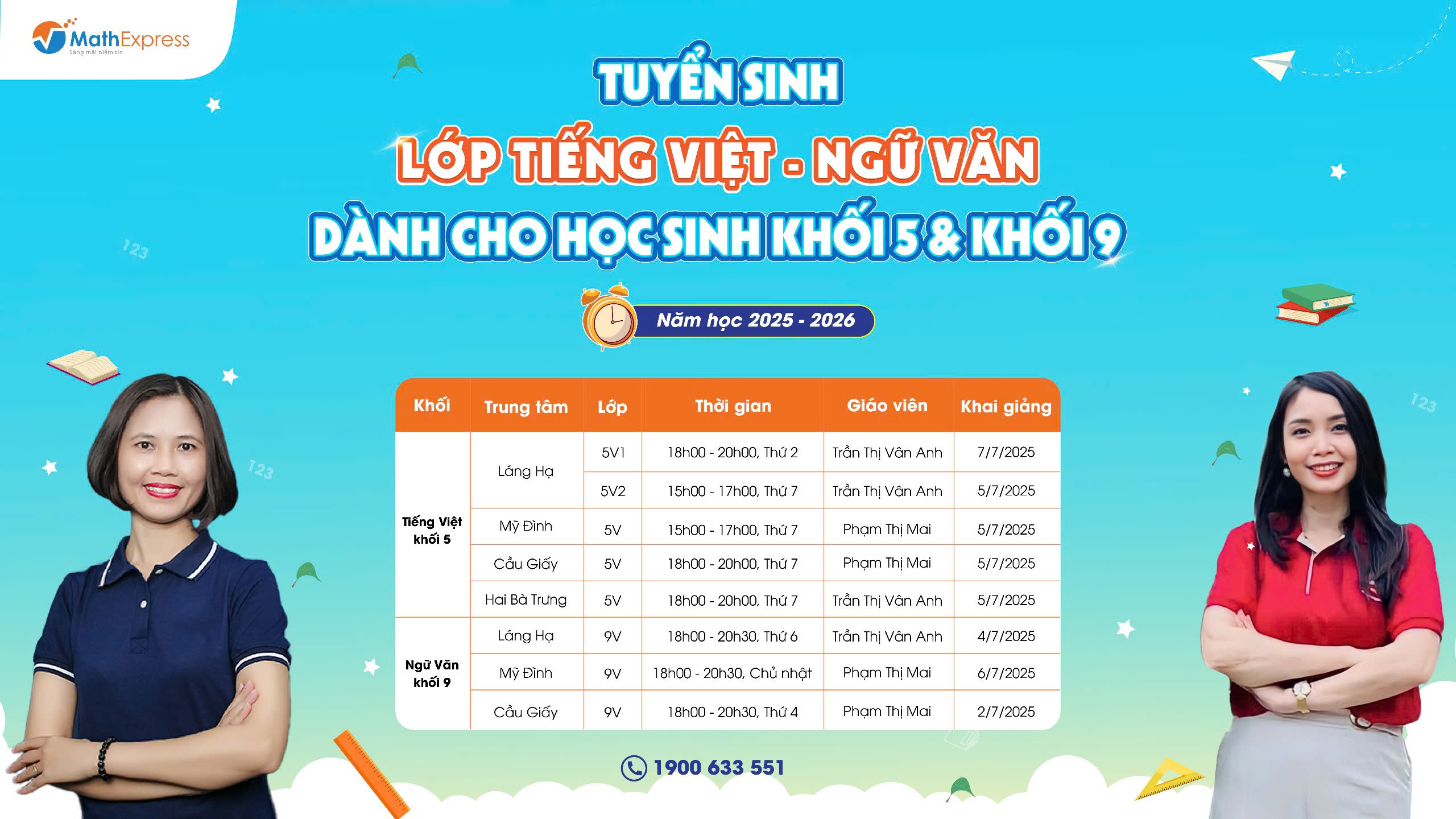 MathExpress tuyển sinh lớp Tiếng Việt - Ngữ Văn dành cho học sinh khối 5 và khối 9